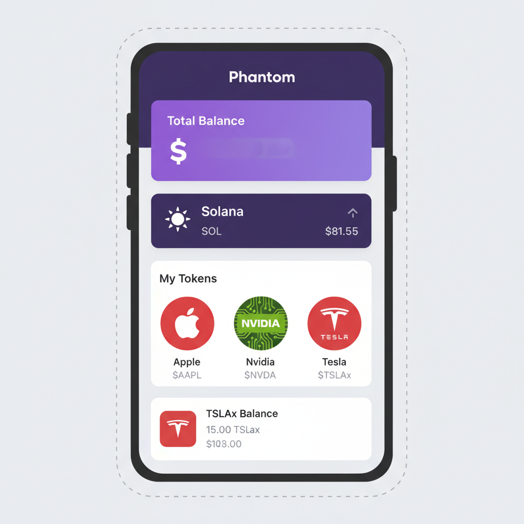 Phantom wallet portfolio view showing TSLAx balance, Solana SOL $81.55 ticker, token icons Apple Nvidia Tesla