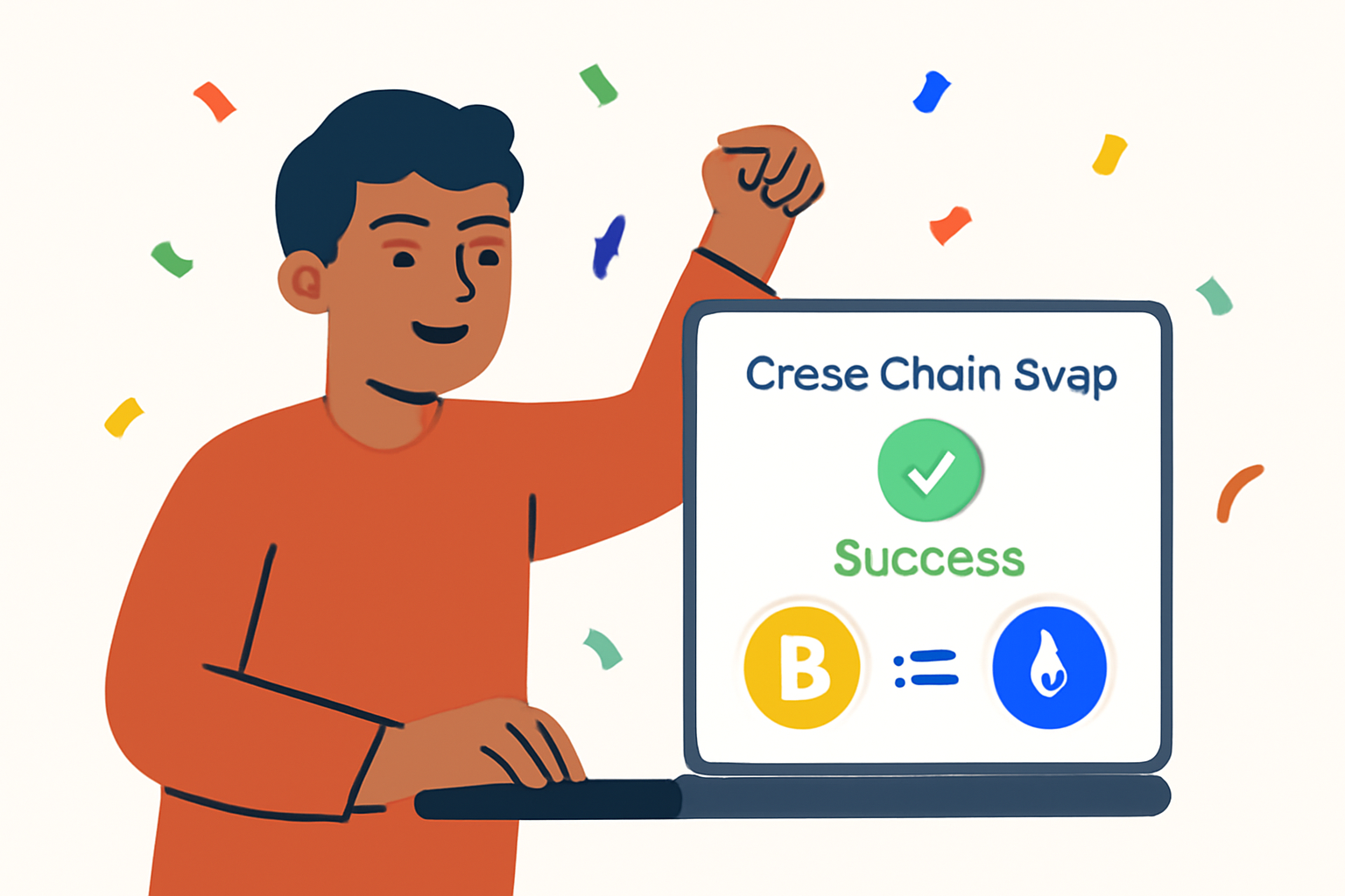 A user happily confirming a successful cross-chain swap, with confetti and digital assets displayed on their screen.