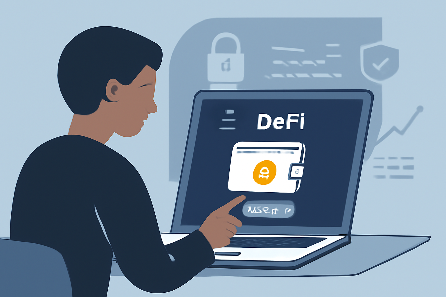 A user connecting their Bitcoin wallet to a modern DeFi interface on a laptop, with a secure and futuristic theme.
