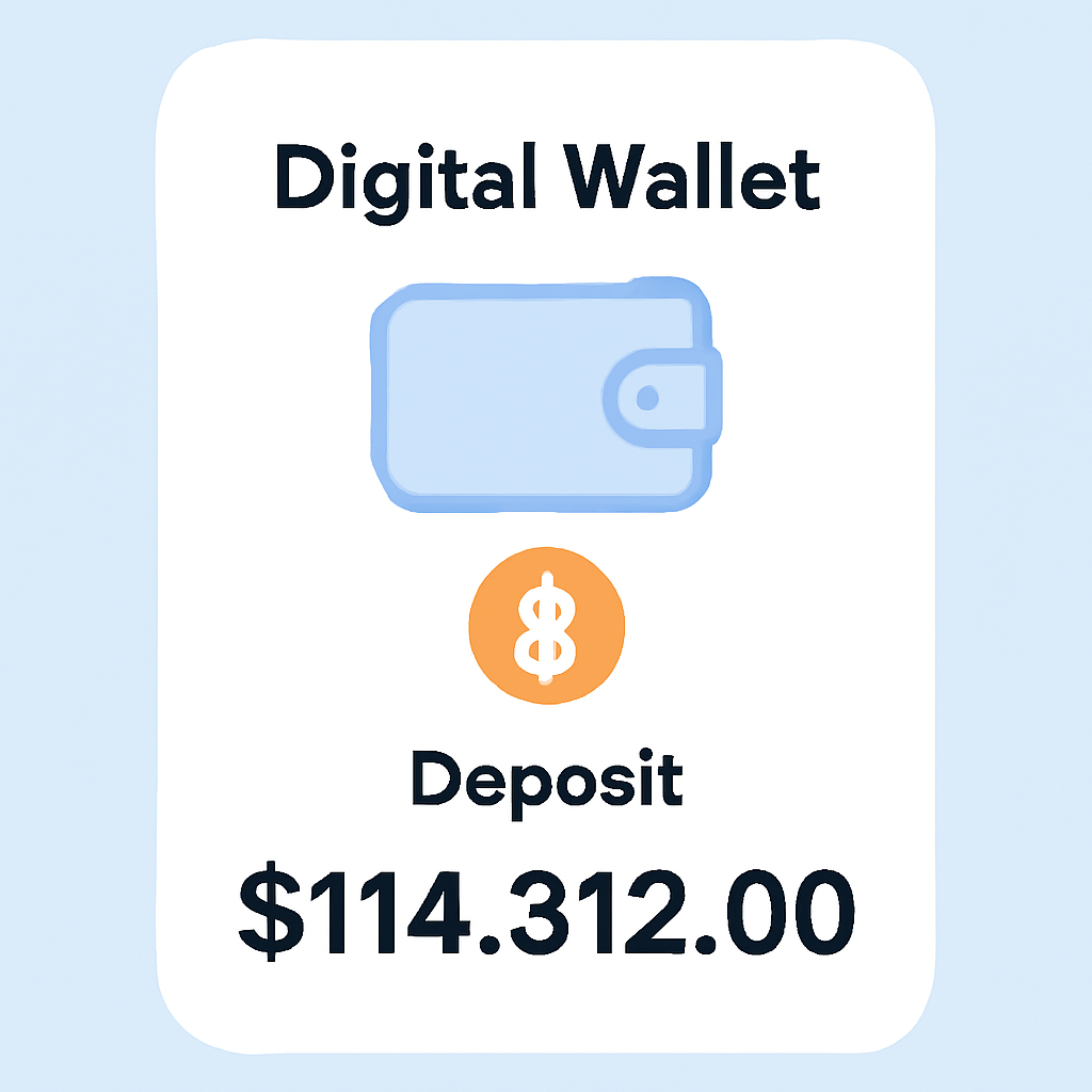 A digital wallet showing a Bitcoin deposit, with the price $114,312.00 displayed prominently.