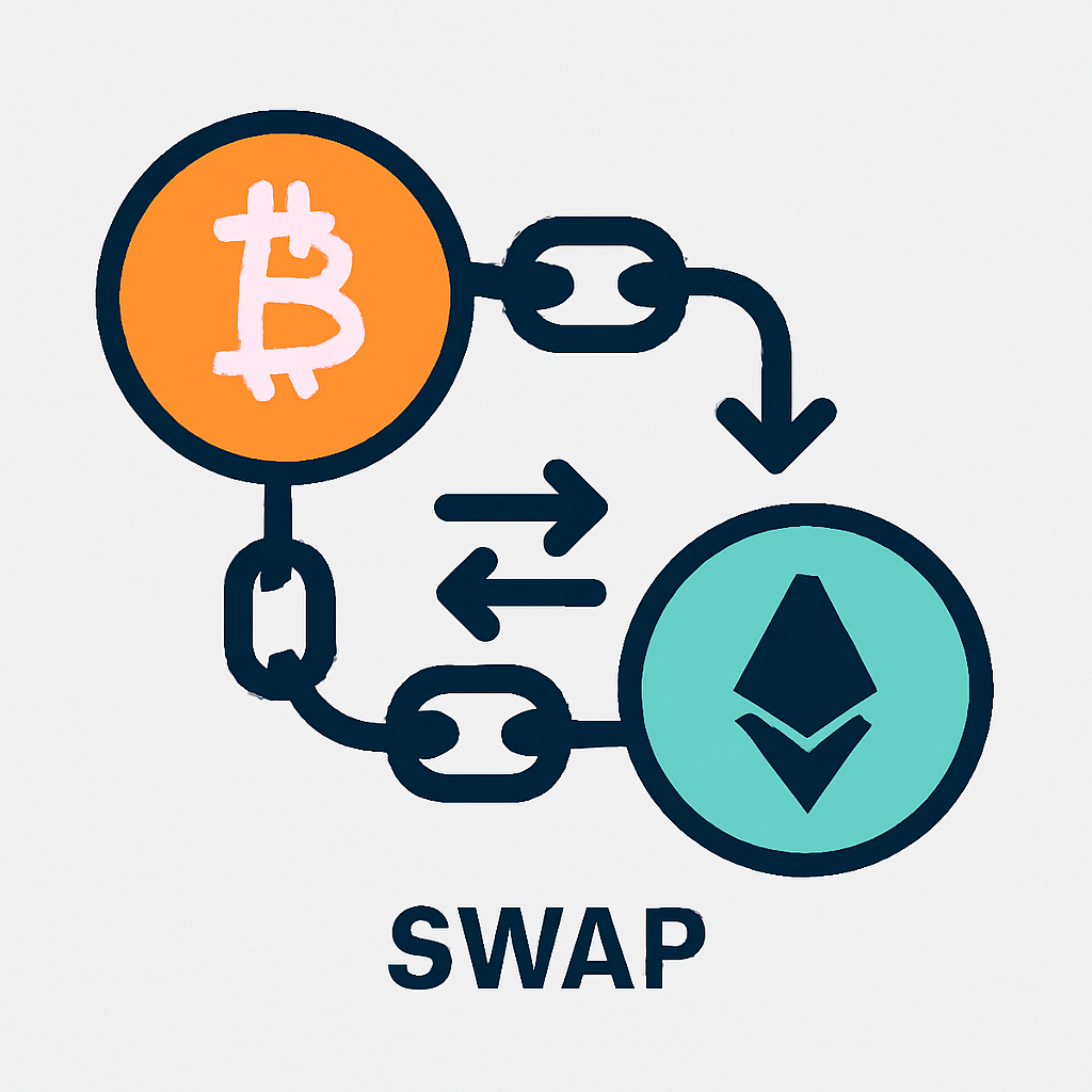 A dynamic interface showing Bitcoin being swapped for another crypto (like ETH or SOL), with chains connecting the assets.