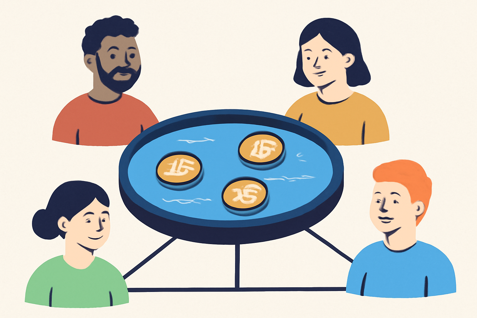 A group of diverse users joining a digital pool, with Bitcoin symbols and interconnected channels visualized.