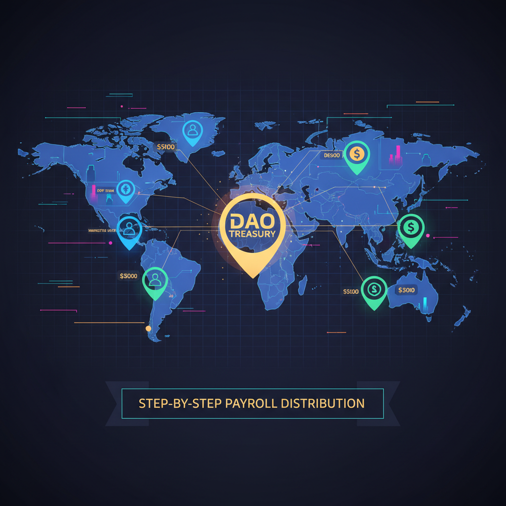 futuristic world map with glowing team member pins, DAO payroll theme, cyberpunk style