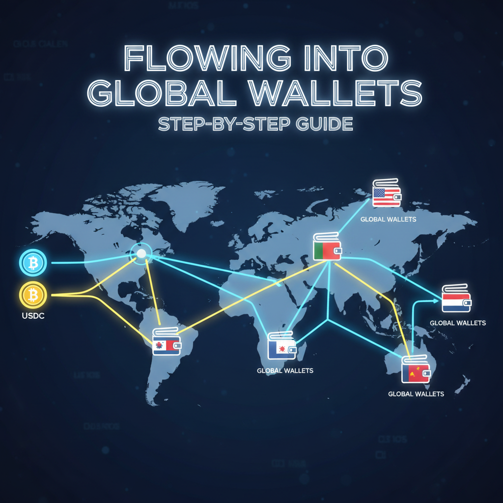 stablecoins USDC USDT flowing into global wallets, blockchain network, vibrant neon graphics
