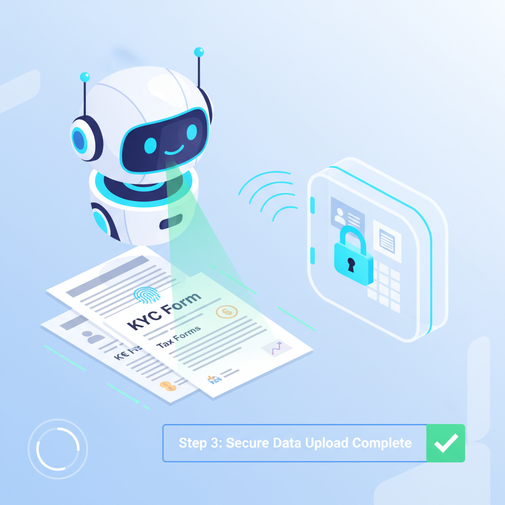 AI robot scanning KYC documents and tax forms, secure digital vault, high-tech interface