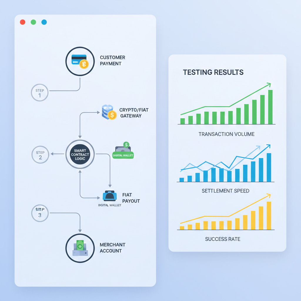 hybrid crypto fiat payout flows on dashboard, testing graphs rising, modern UI design