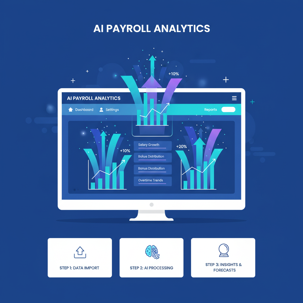 AI dashboard with payroll analytics graphs exploding upwards, futuristic data visualization