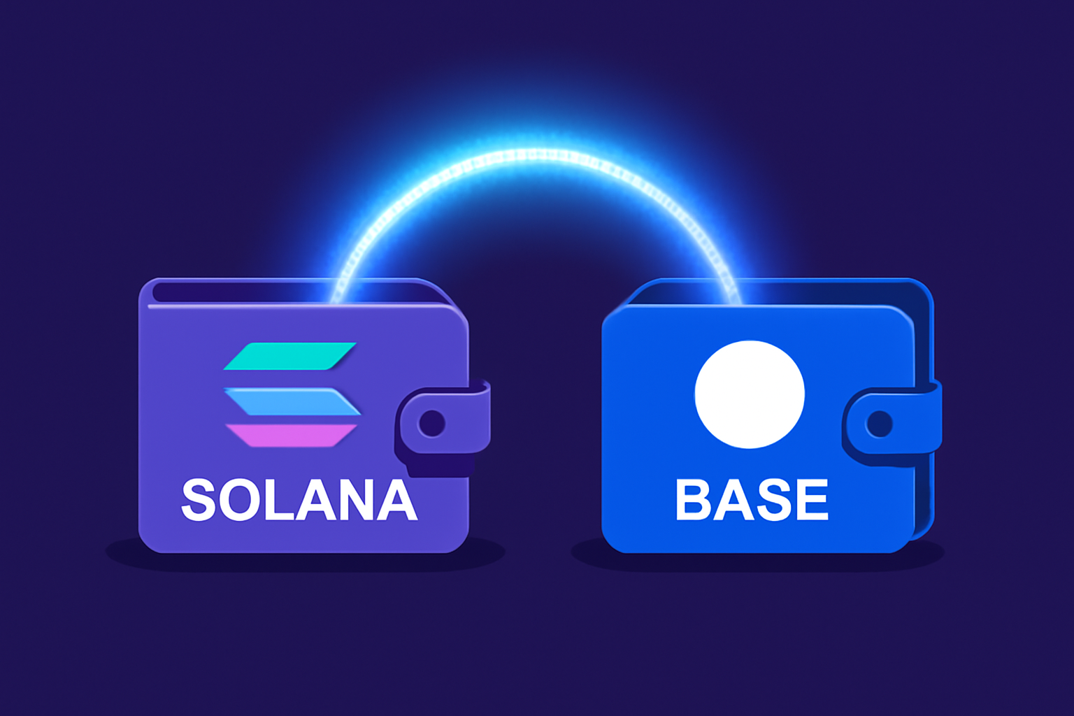 two wallets connecting via glowing bridge animation, Solana and Base chains linking, vibrant colors
