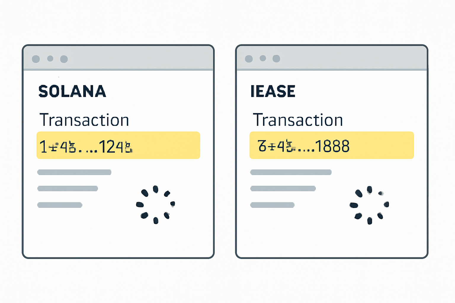 blockchain explorers tabs open, Solana and Base, transaction hash highlighted, loading animation