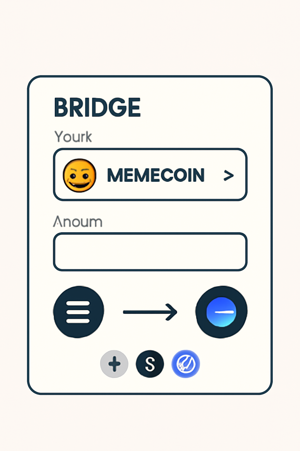 bridge UI selecting memecoin token, input amount field, Solana to Base arrow, crypto icons