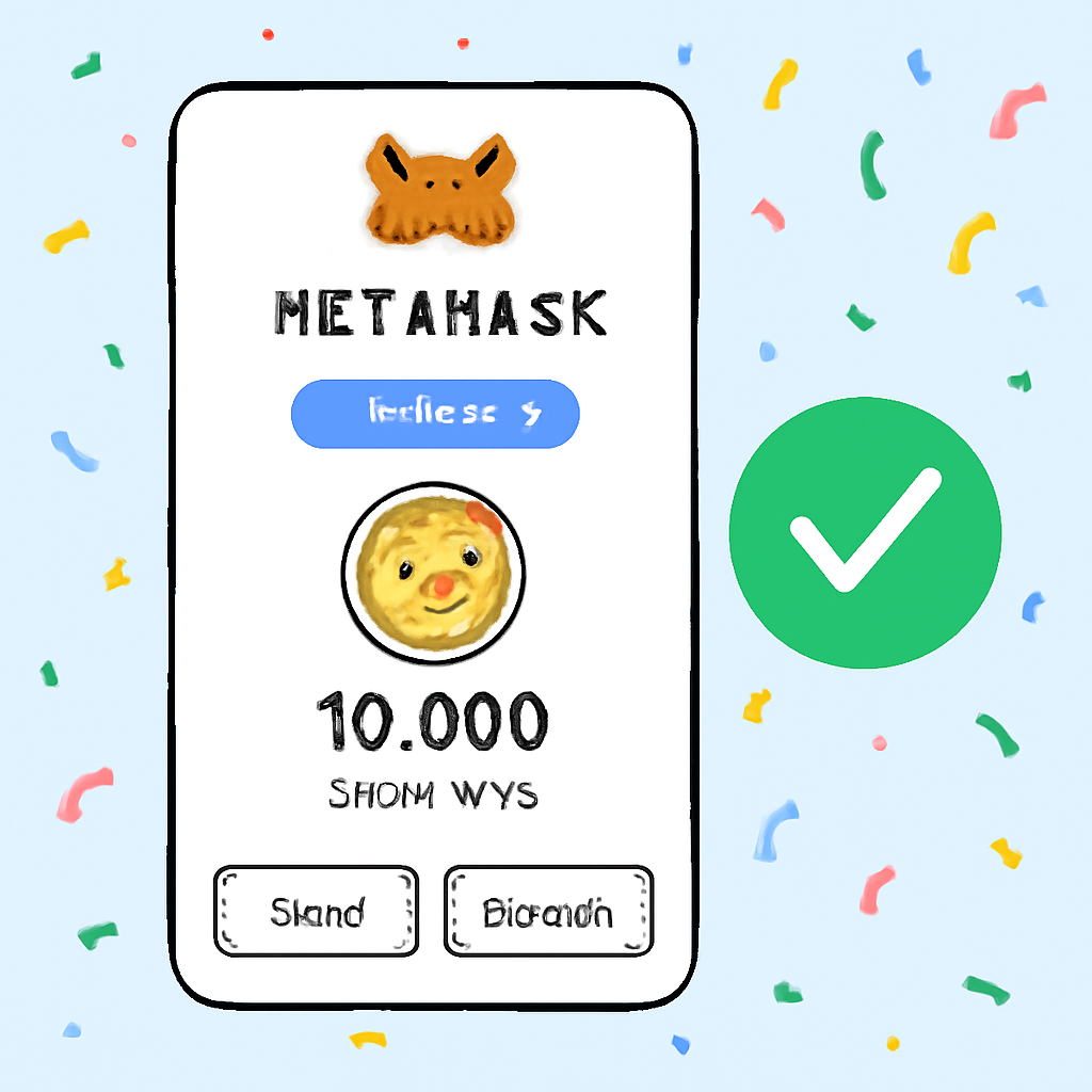 MetaMask wallet on Base chain showing memecoin balance, green checkmark, confetti effect