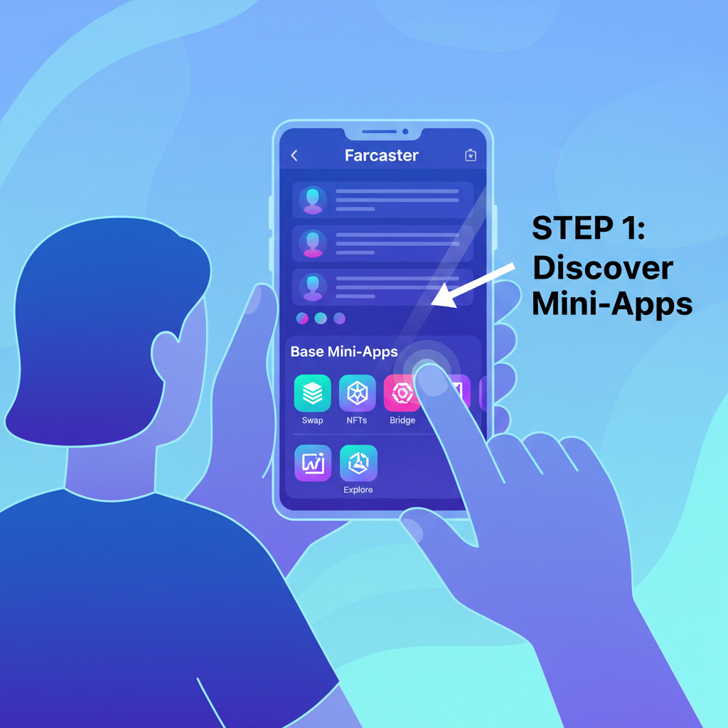 user scrolling Farcaster app on smartphone, discovering Base mini-apps, futuristic crypto UI, vibrant blues and purples