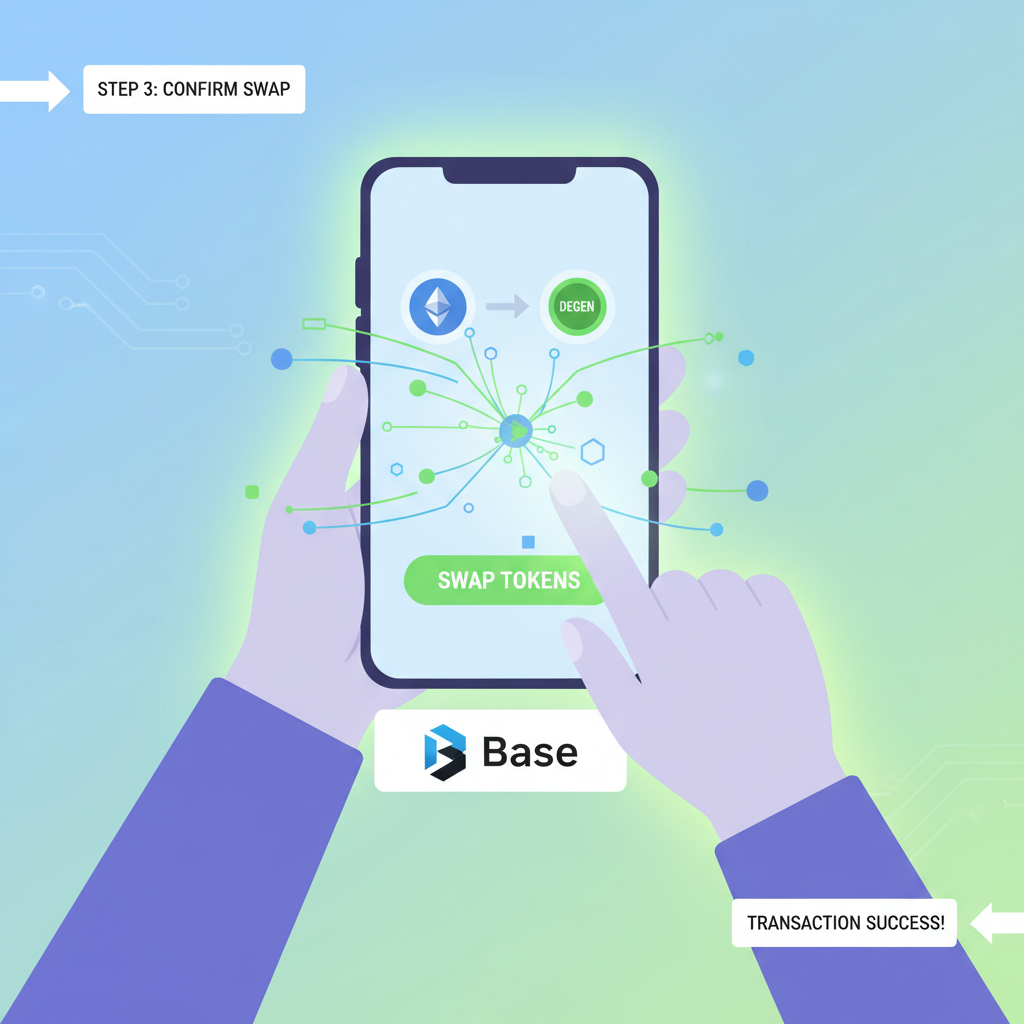 user performing token swap in Farcaster mini-app, transaction animation, Base blockchain graphics, green success glow