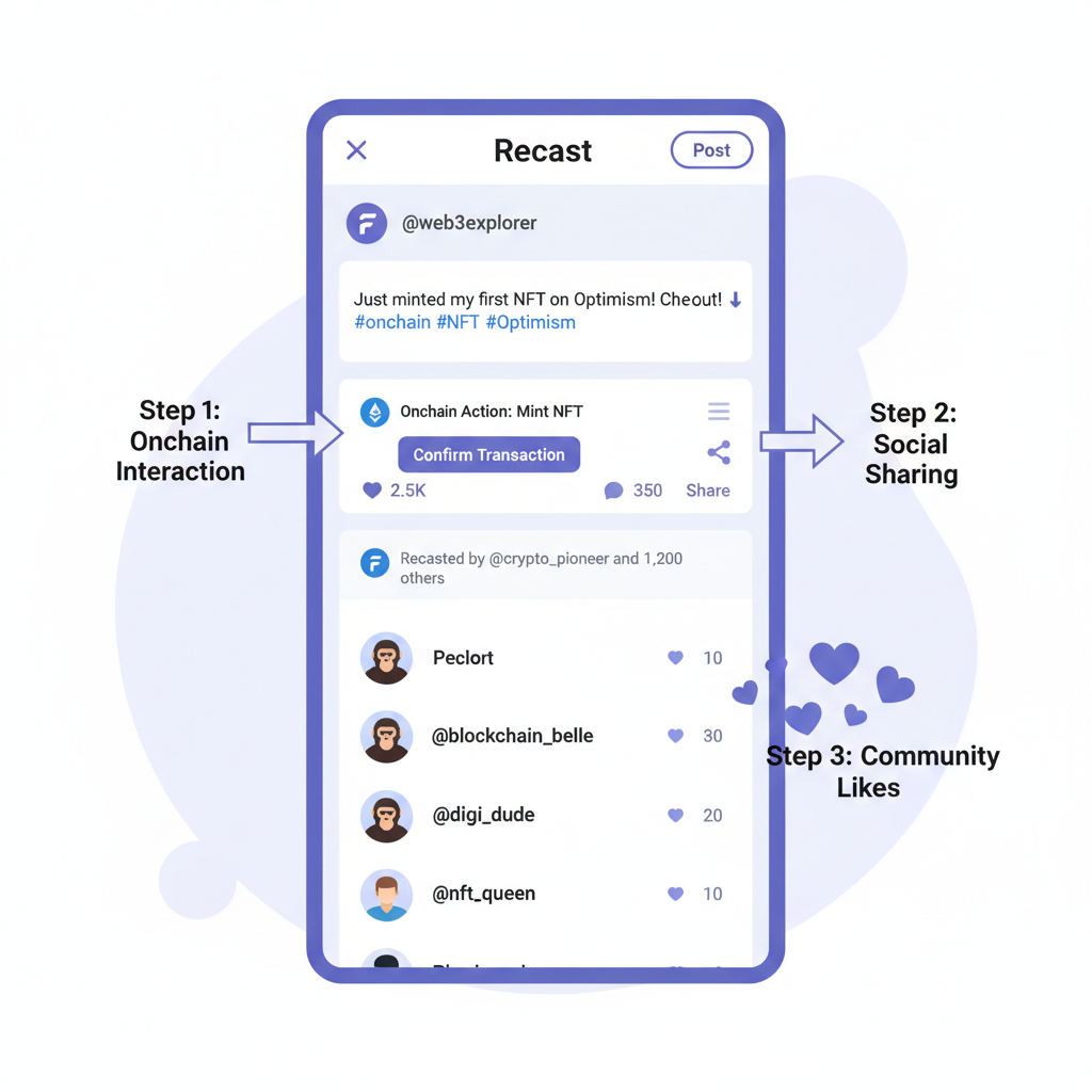 Farcaster recast screen with onchain interaction screenshot, social sharing, community likes, dynamic feed
