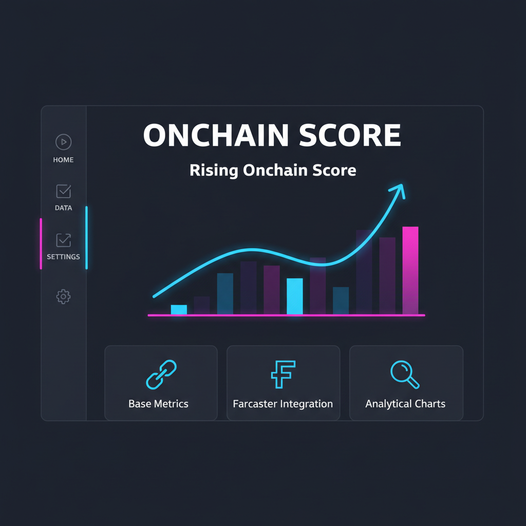 dashboard showing rising onchain score graph, Base metrics, Farcaster integration, analytical charts in dark mode