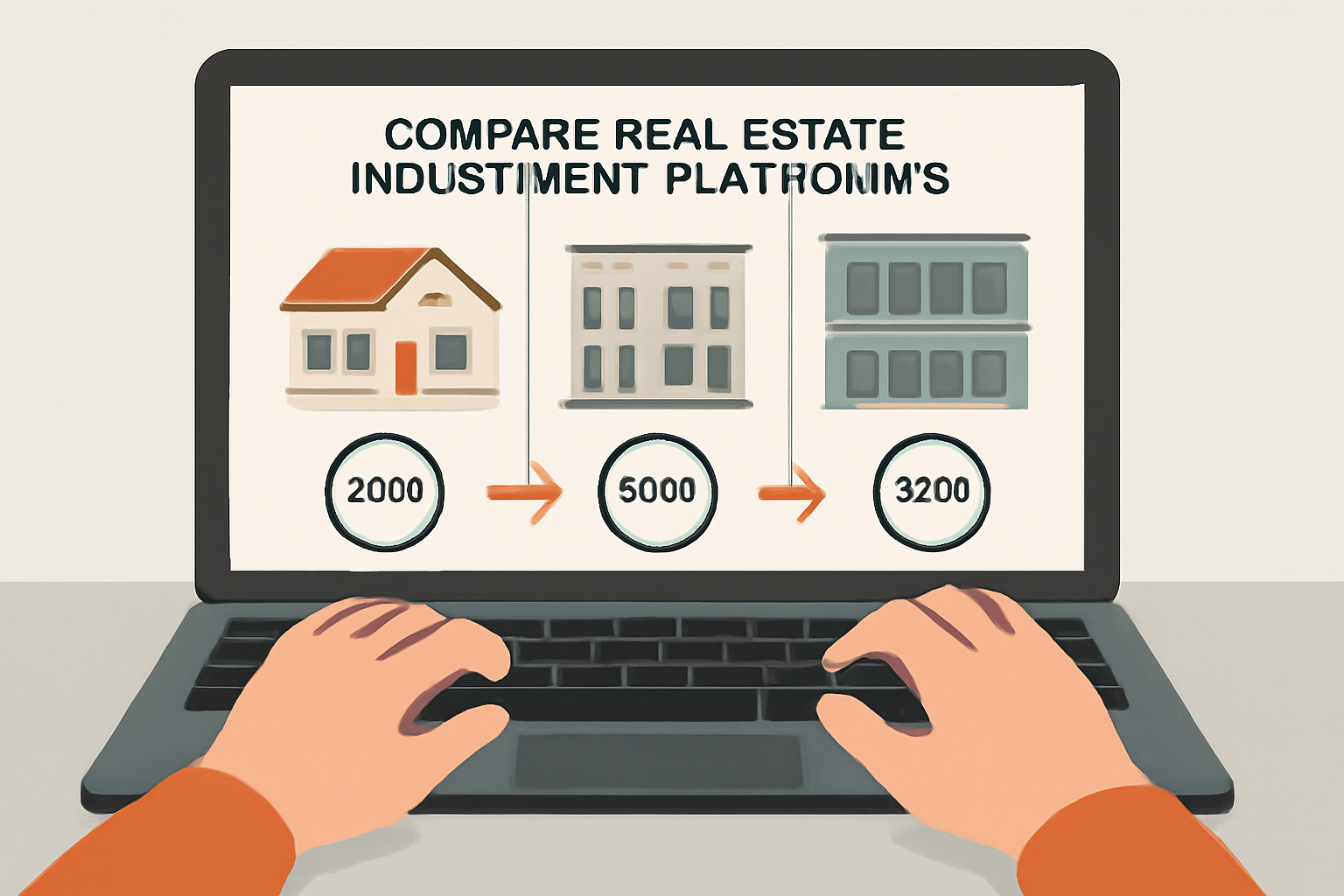 A person browsing a modern website on a laptop, comparing different real estate investment platforms, with digital property images and token icons visible.