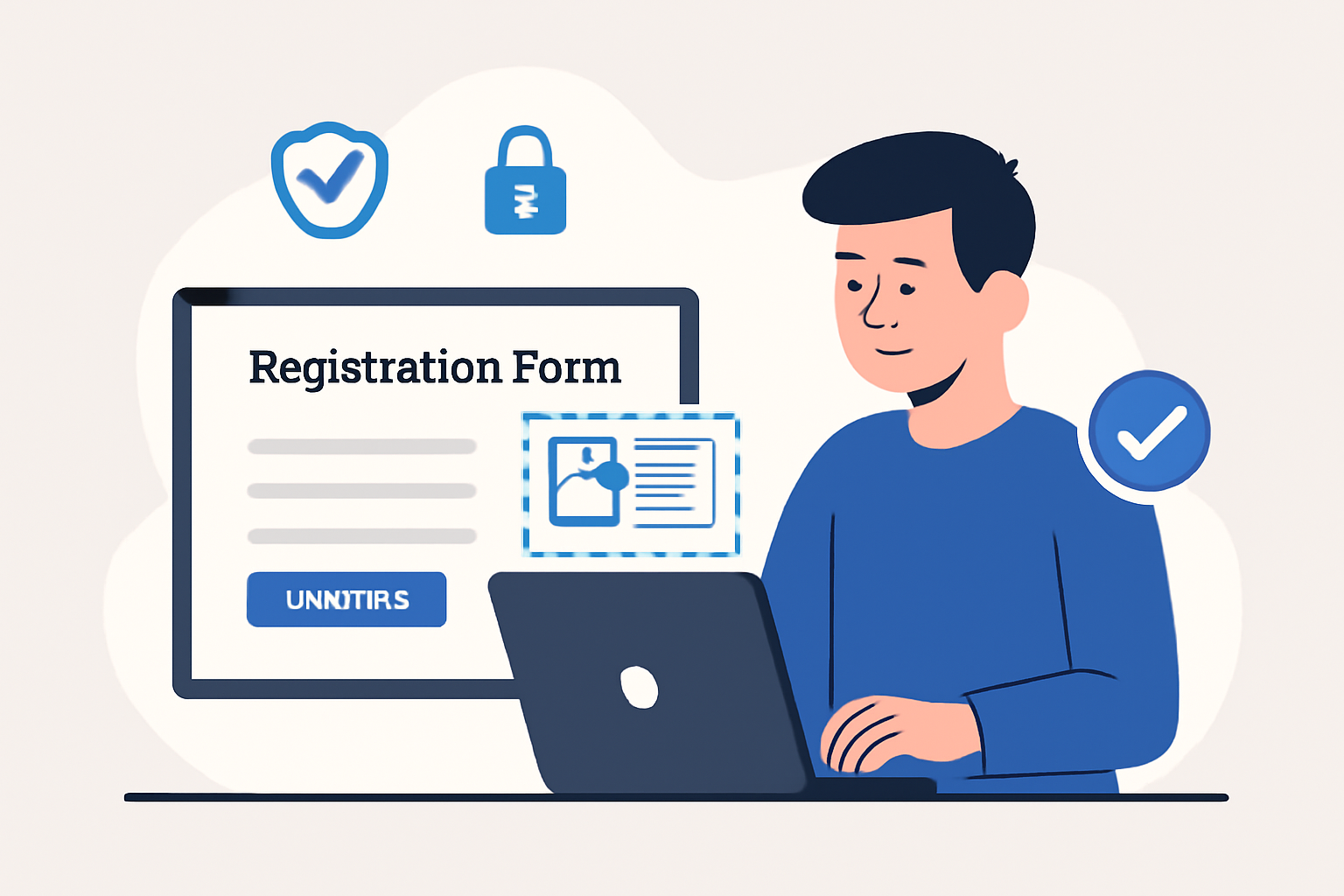A user filling out an online registration form and uploading identification documents, with digital security icons and a verified badge.