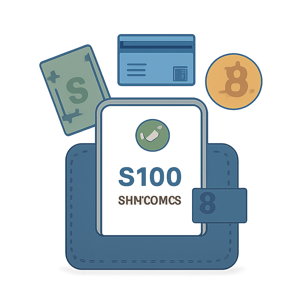 A digital wallet being funded with cash, credit card, and cryptocurrency icons, showing a $100 deposit confirmation on a screen.