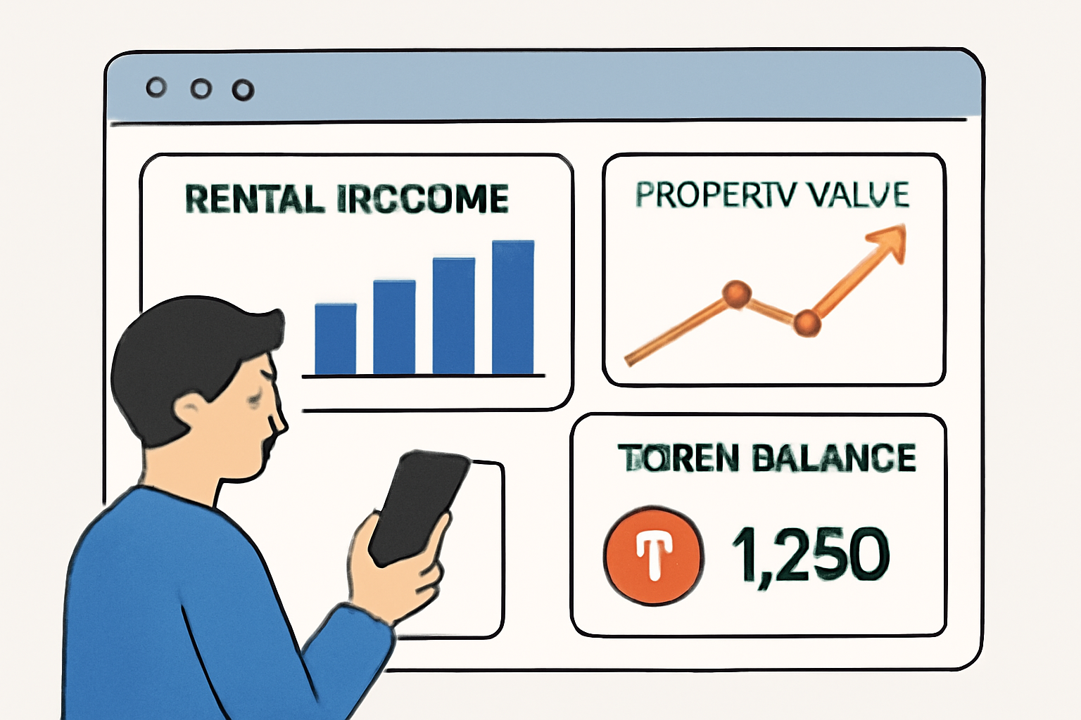 A dashboard screen with graphs showing rental income, property value increases, and a user checking their token balance.