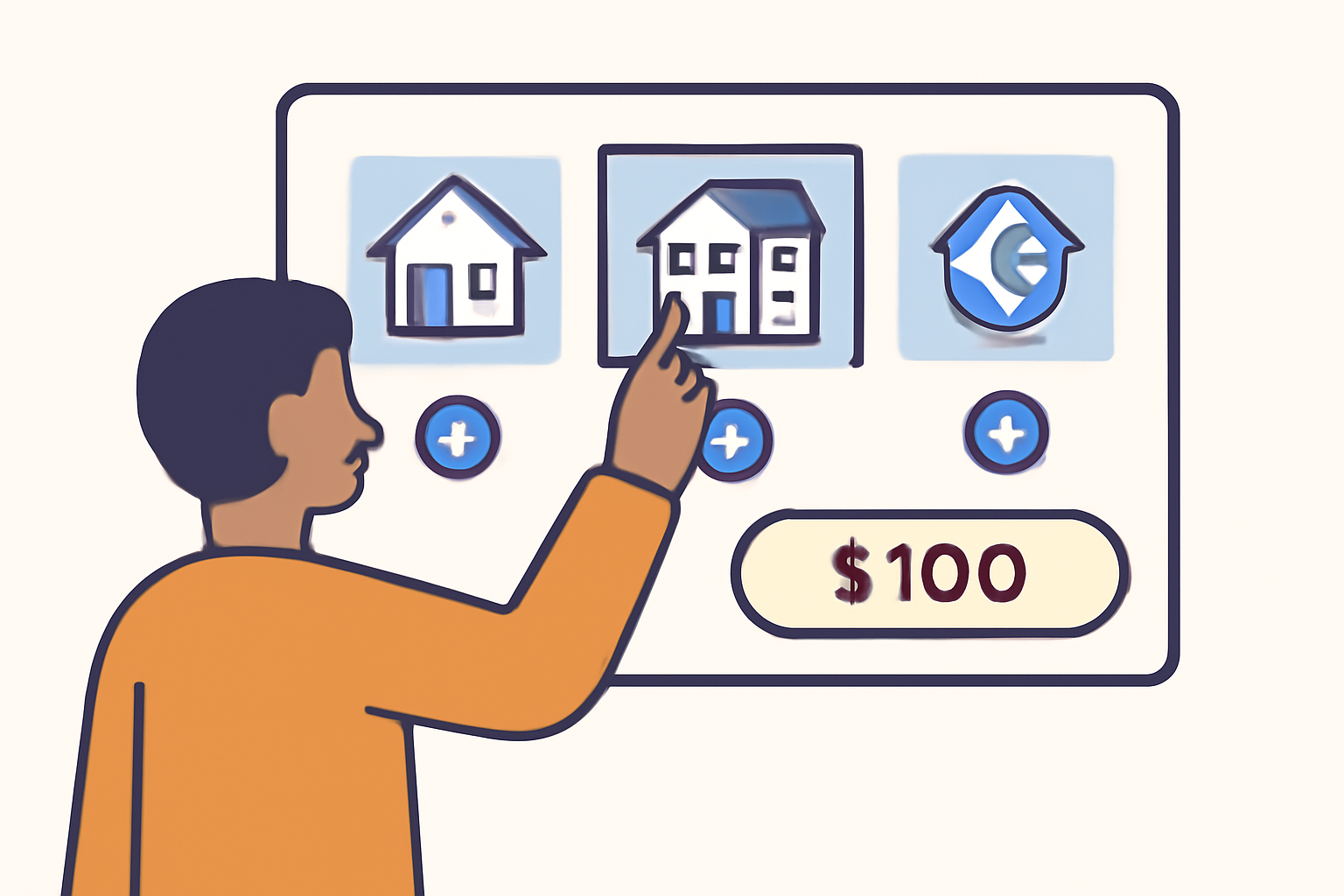 A person selecting a property on a digital platform, with property images, token icons, and a highlighted $100 investment option.
