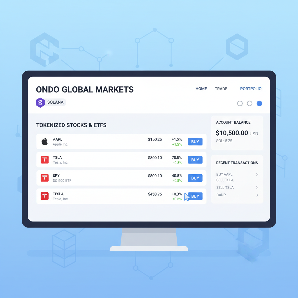 Ondo Global Markets dashboard on Solana, list of tokenized stocks and ETFs