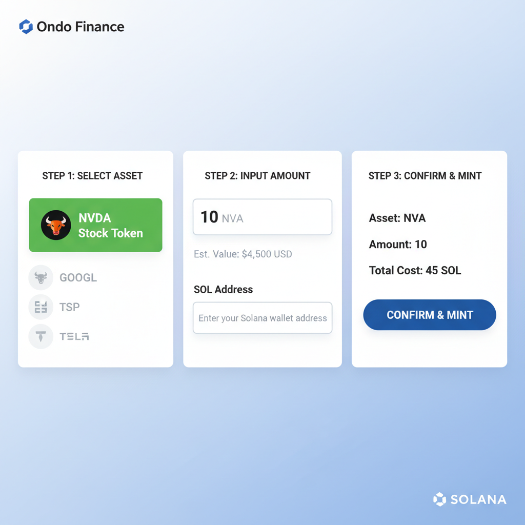 Ondo minting interface for tokenized NVDA stock on Solana, input fields and confirm button
