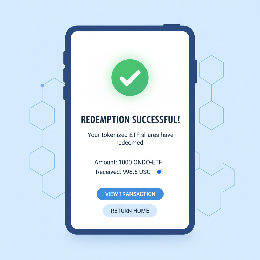 Ondo redemption screen for tokenized ETFs on Solana, success confirmation