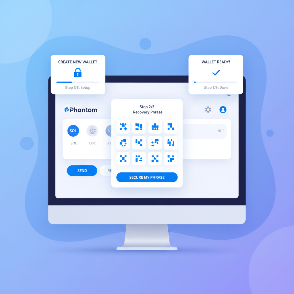 Phantom Solana wallet app interface on desktop, clean UI, blue theme