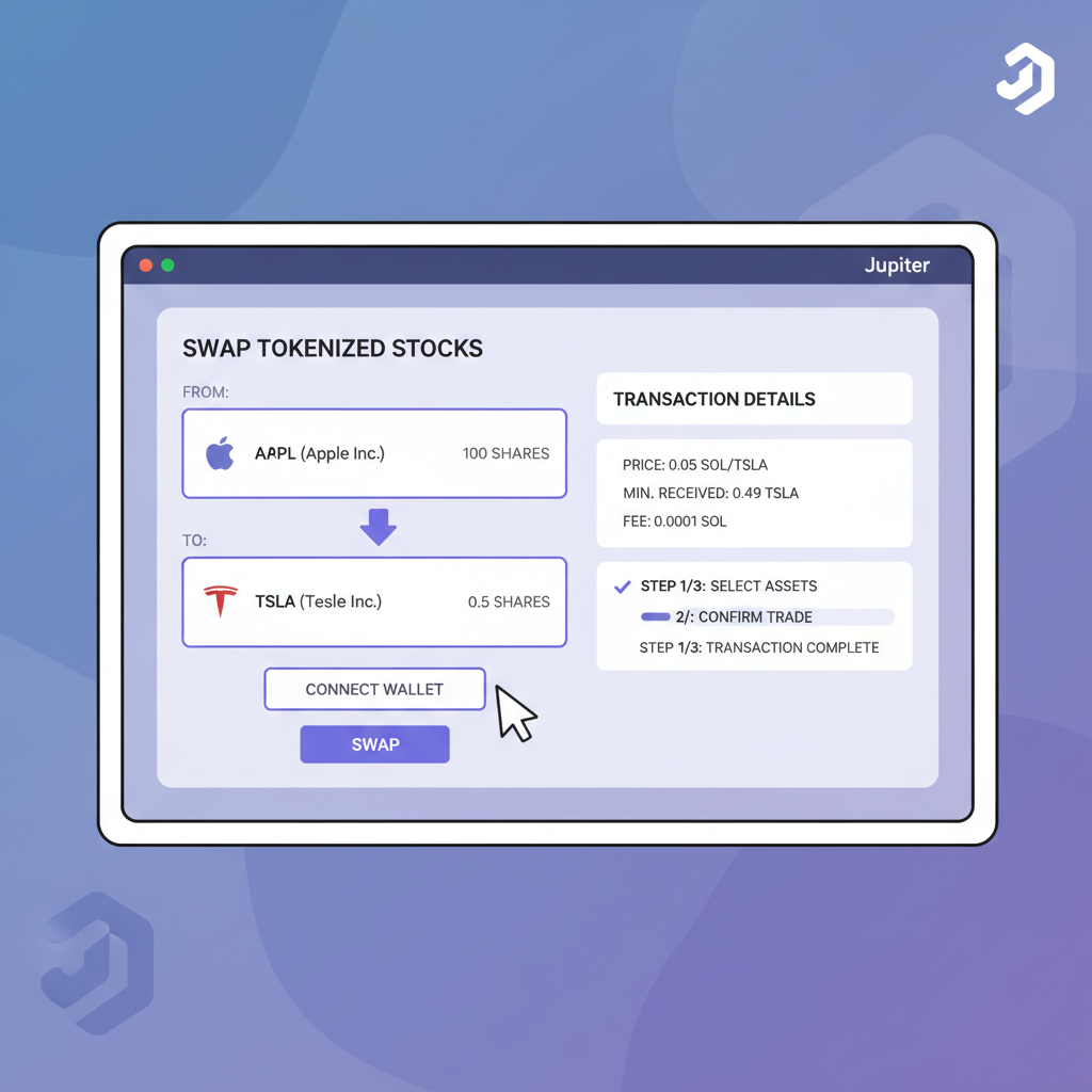 Jupiter DEX trading interface on Solana, swapping tokenized stocks