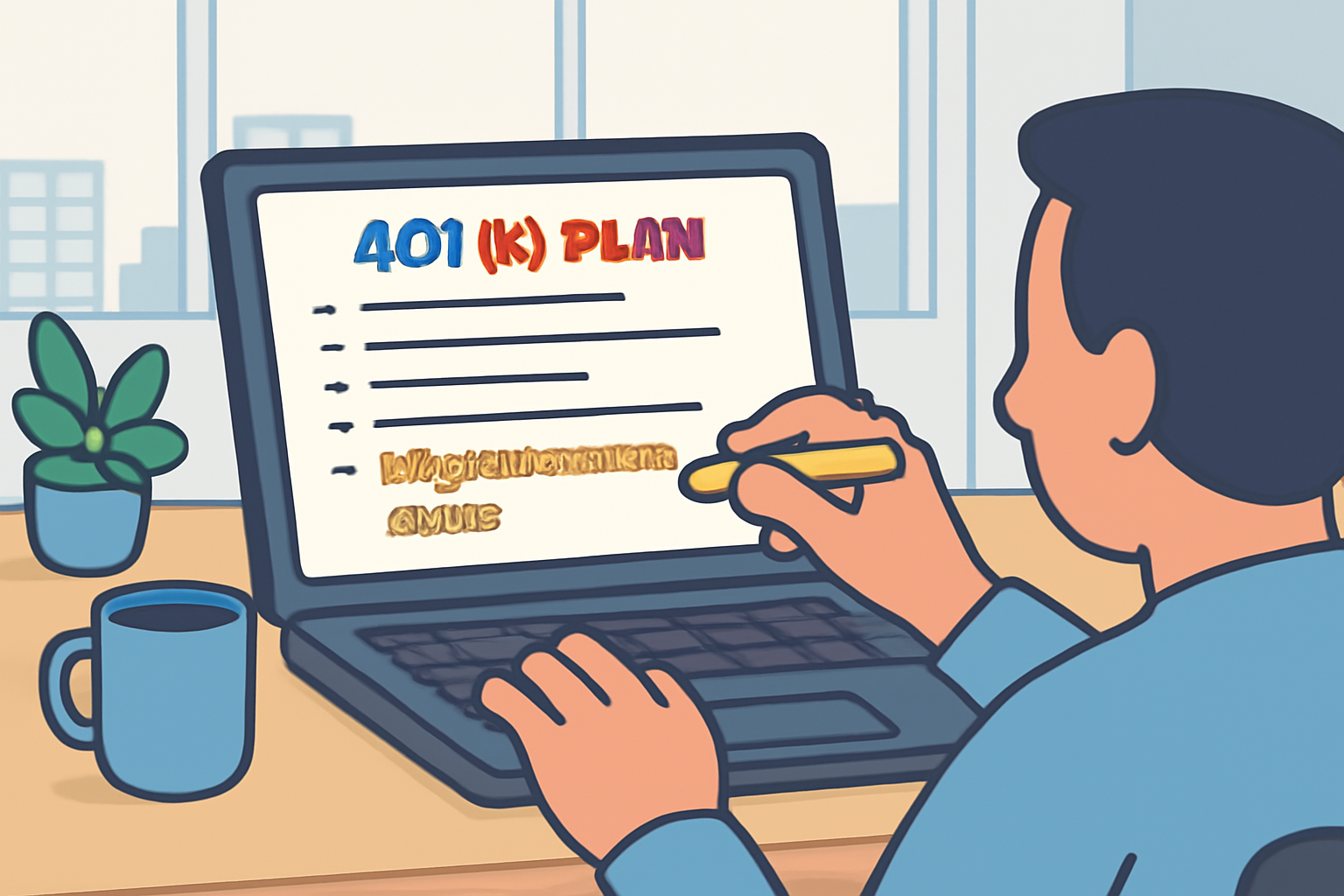 A person reviewing 401K plan documents on a laptop, highlighting 'crypto investment options', modern office setting, clear focus on paperwork and computer screen