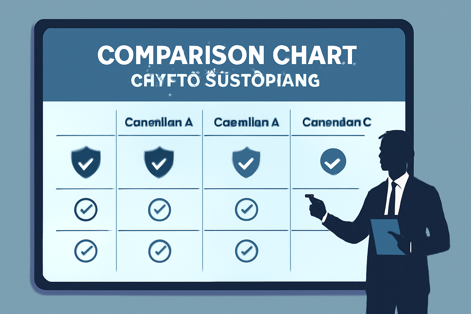 A comparison chart of crypto custodians, featuring security shields and compliance checkmarks, digital interface theme, professional setting