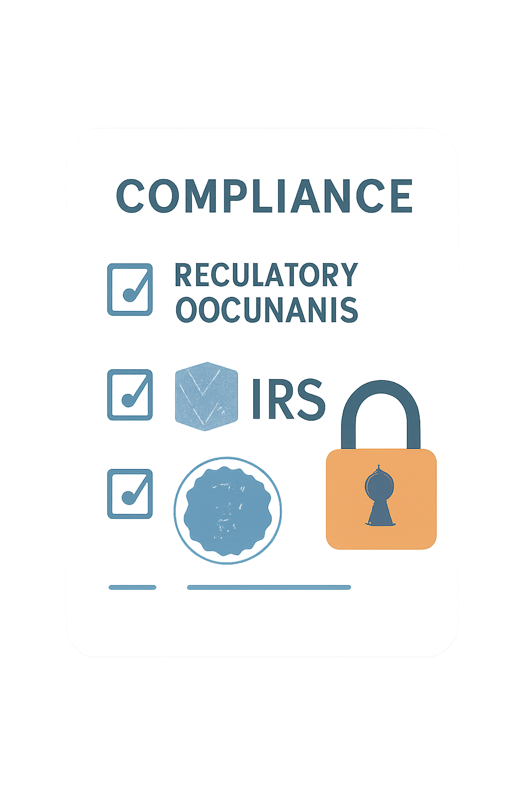 A checklist with regulatory documents, IRS and Department of Labor logos, and a lock symbol, emphasizing compliance and security