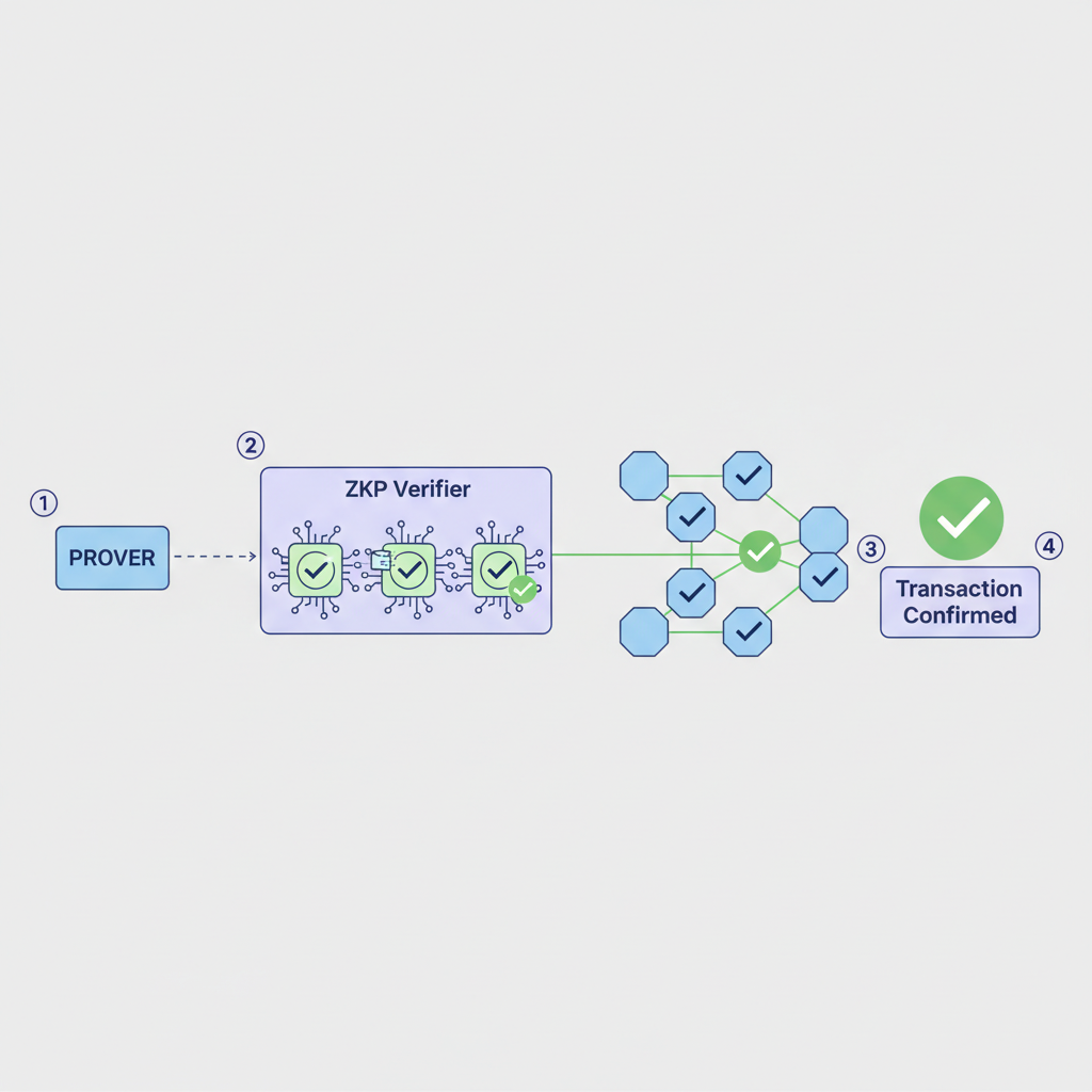 zk proof verification process, green checkmarks on circuits, blockchain nodes connecting