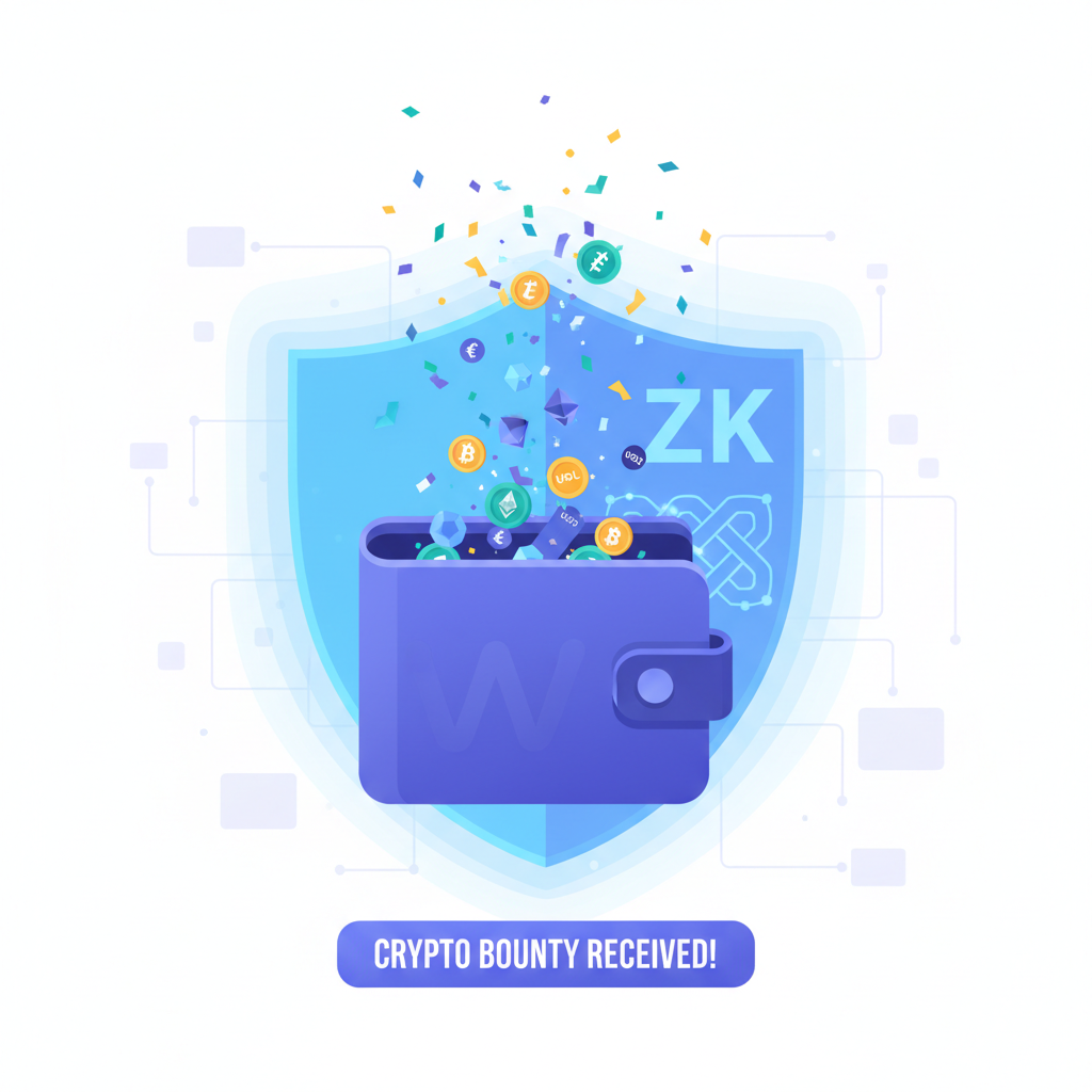 wallet receiving crypto bounty, confetti effect, zk shield protecting transaction, celebratory web3 art