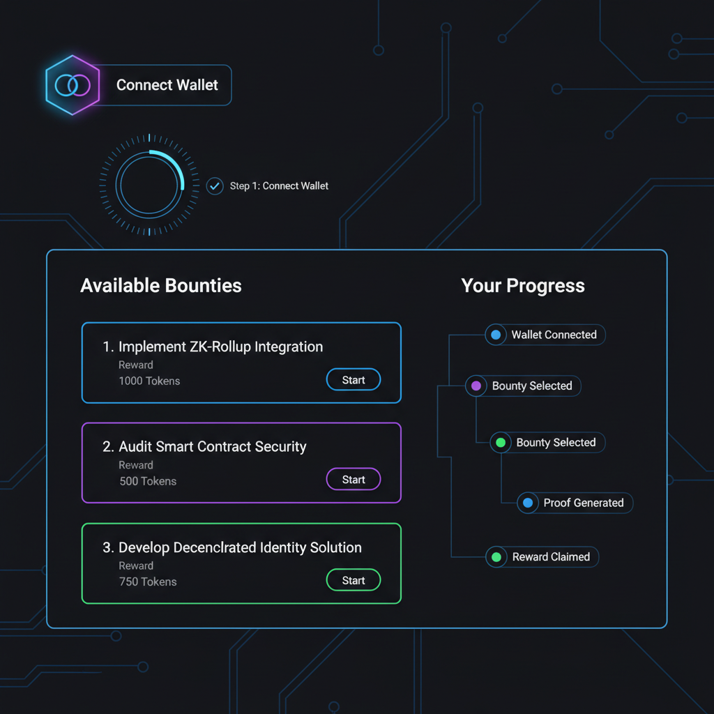 futuristic web3 dashboard with wallet connect button and bounty list, neon zk proofs theme, dark mode UI