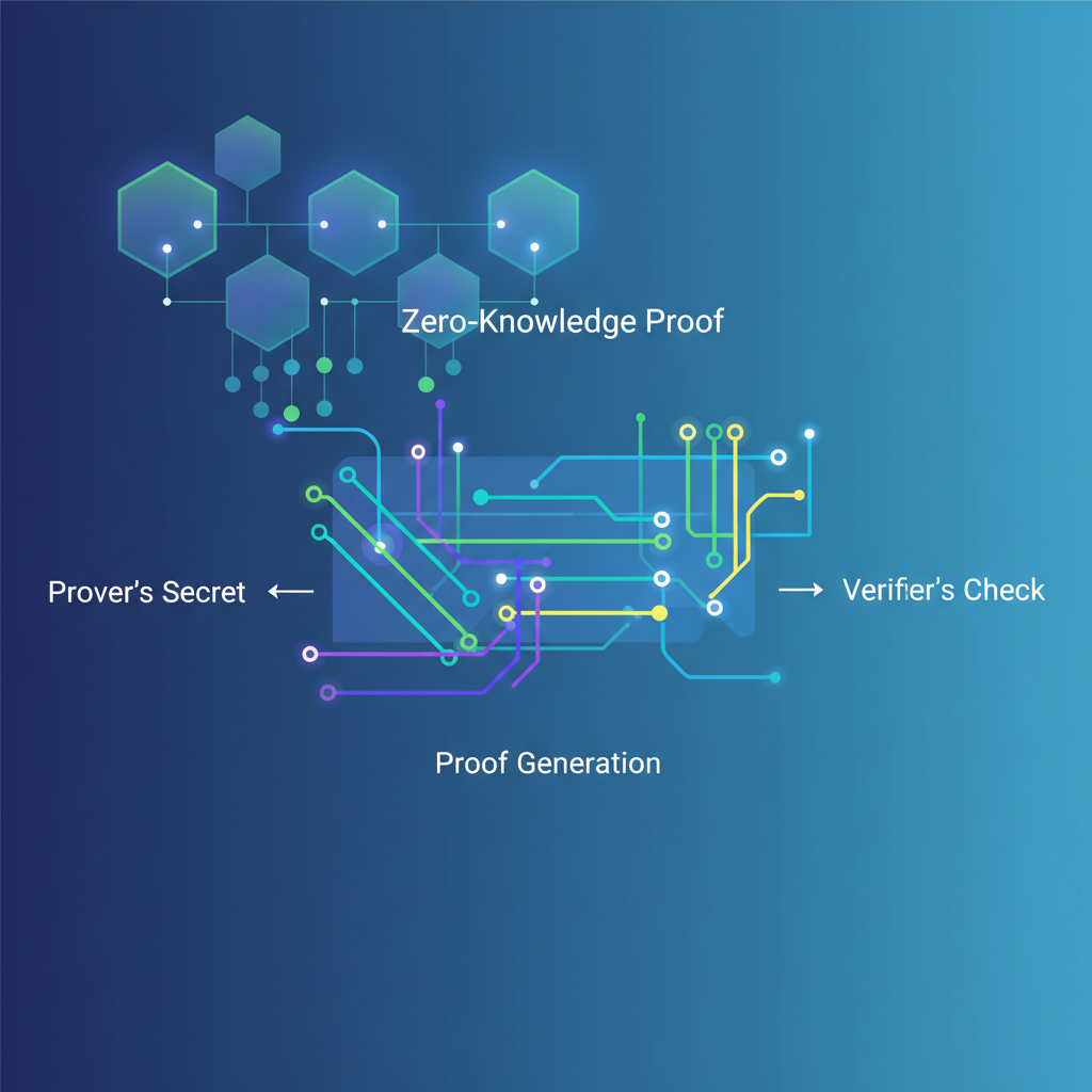 generating zero-knowledge proof visualization, mathematical circuits glowing, web3 blockchain background