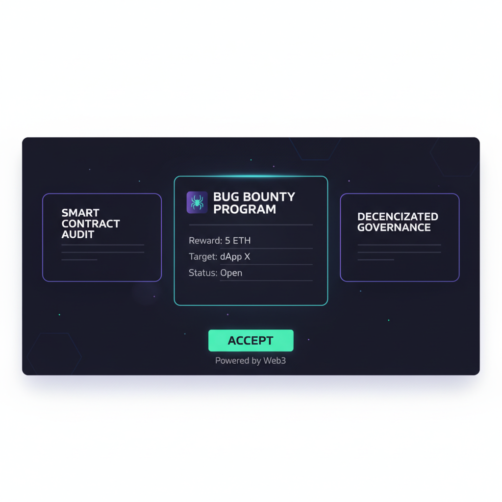 clean interface selecting bug bounty card, web3 elements, glowing accept button, cyber aesthetic