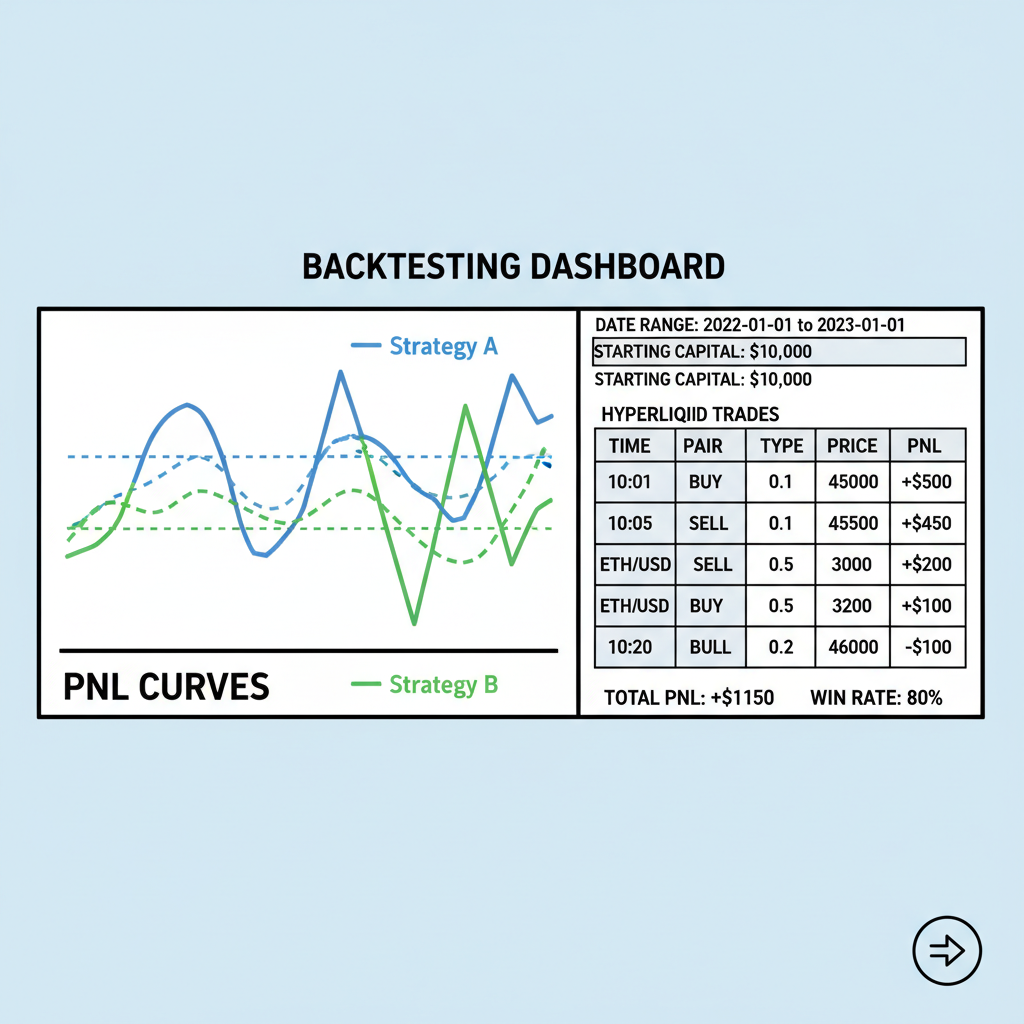 backtesting dashboard with pnl curves, hyperliquid trades table