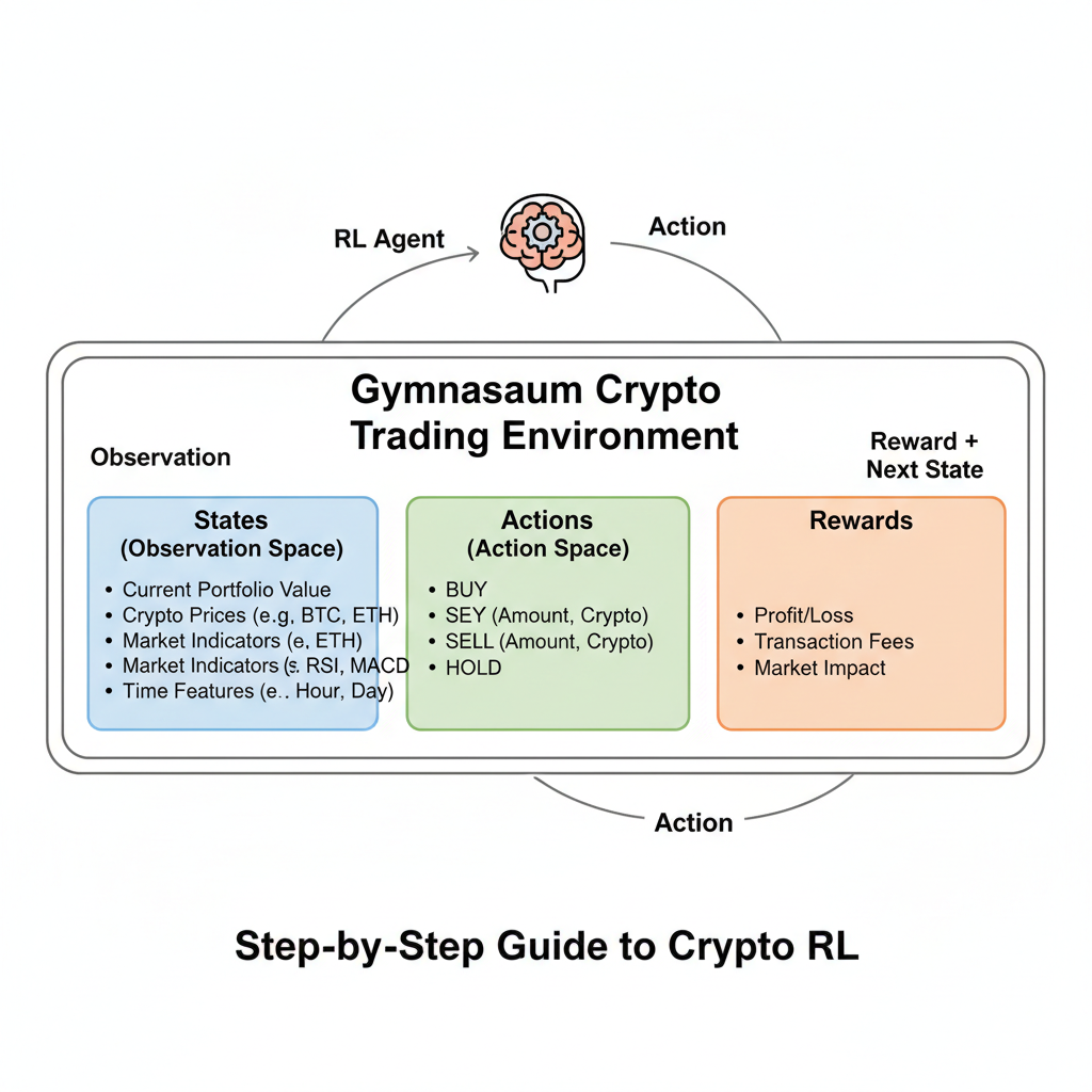 gymnasium rl environment diagram for crypto trading, states actions rewards