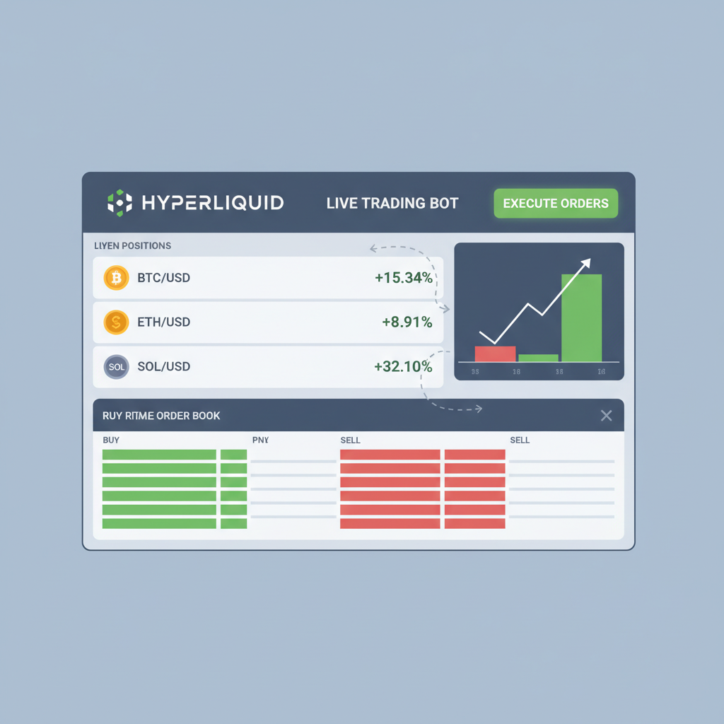 live trading bot dashboard executing orders on hyperliquid, green pnl