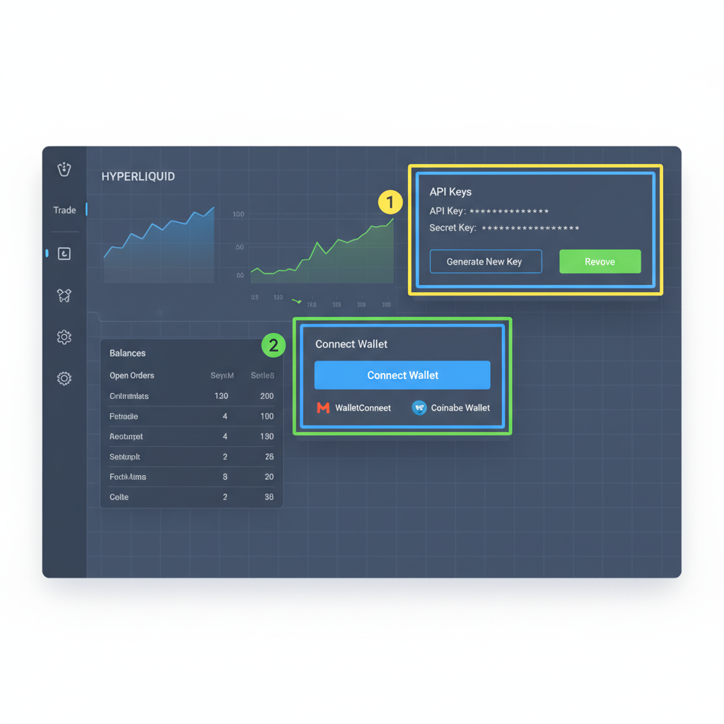 hyperliquid dashboard with api keys highlighted, wallet connection interface