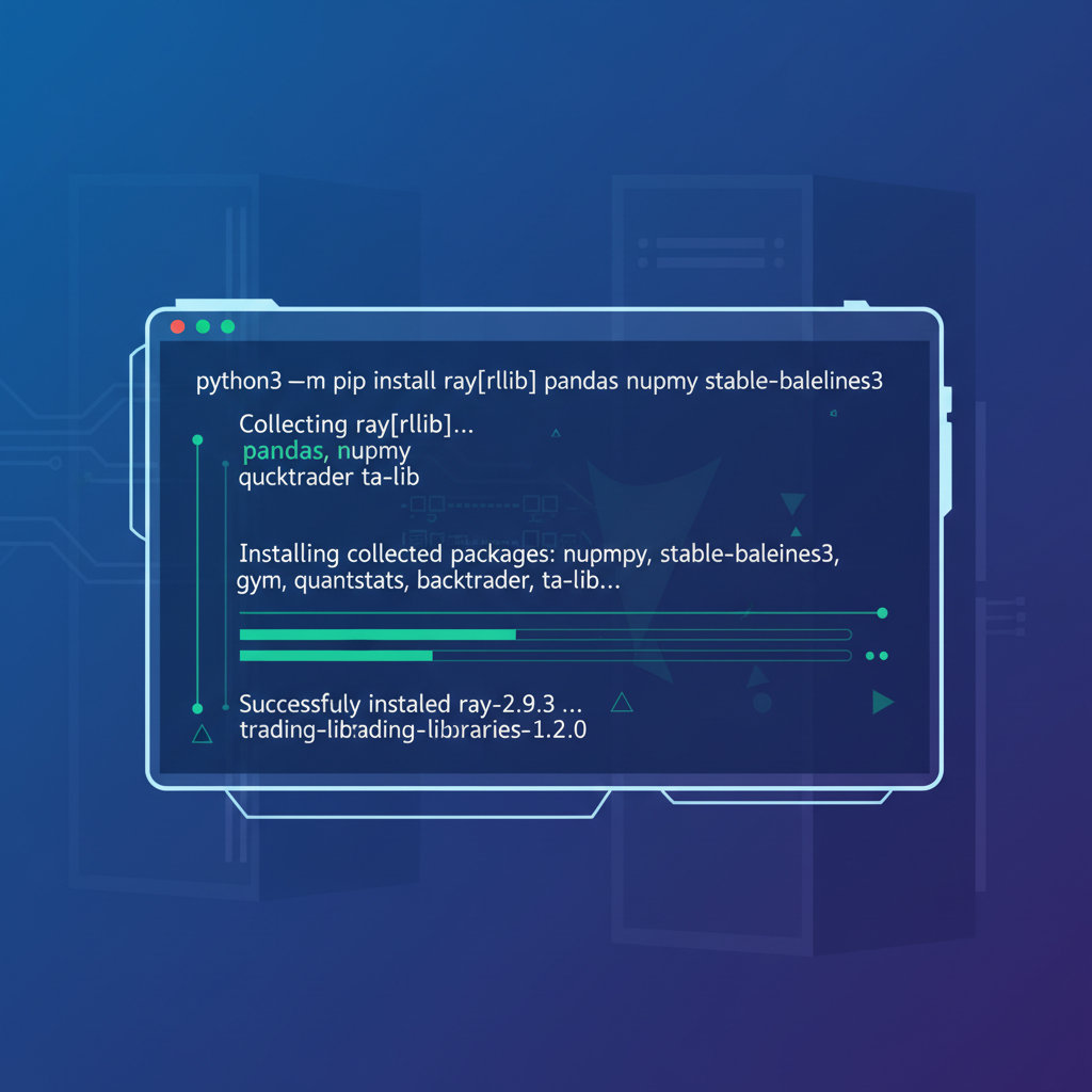 clean python terminal installing ray rllib and trading libraries, futuristic code glow