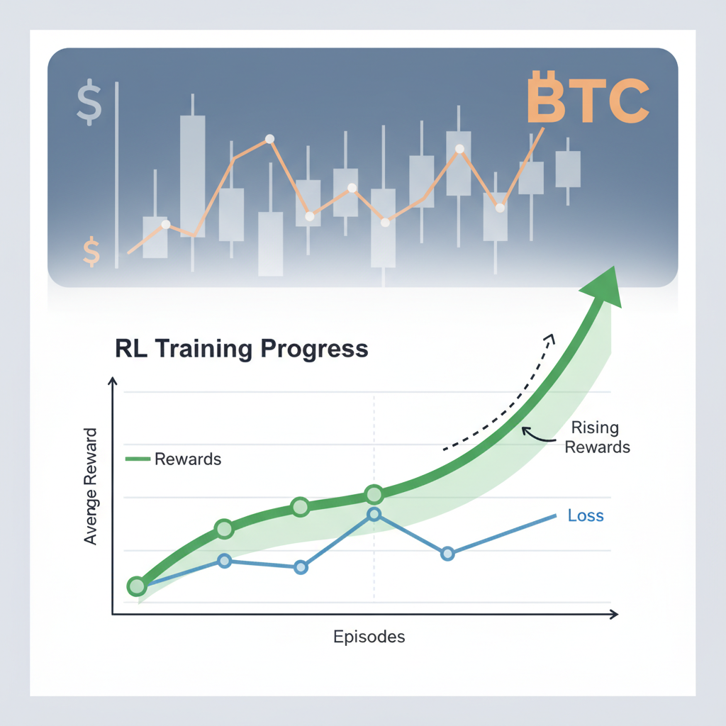 rl training progress graph with rising rewards, btc price chart background