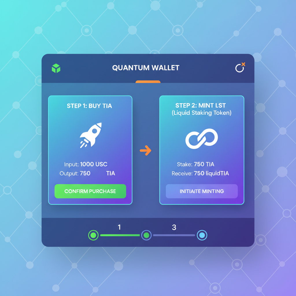 sleek crypto wallet interface showing TIA purchase and LST minting on futuristic blockchain dashboard