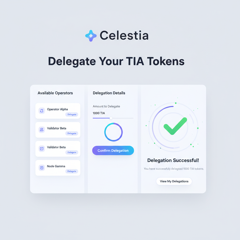user delegating tokens to operators on clean web3 staking interface with success animation and Celestia branding