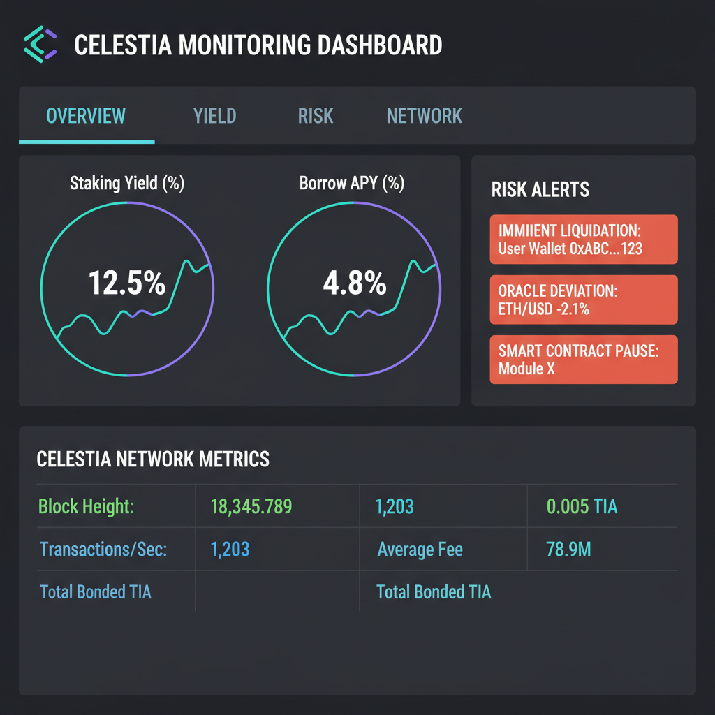 real-time monitoring dashboard with yield graphs, risk alerts, and Celestia network metrics in professional dark mode