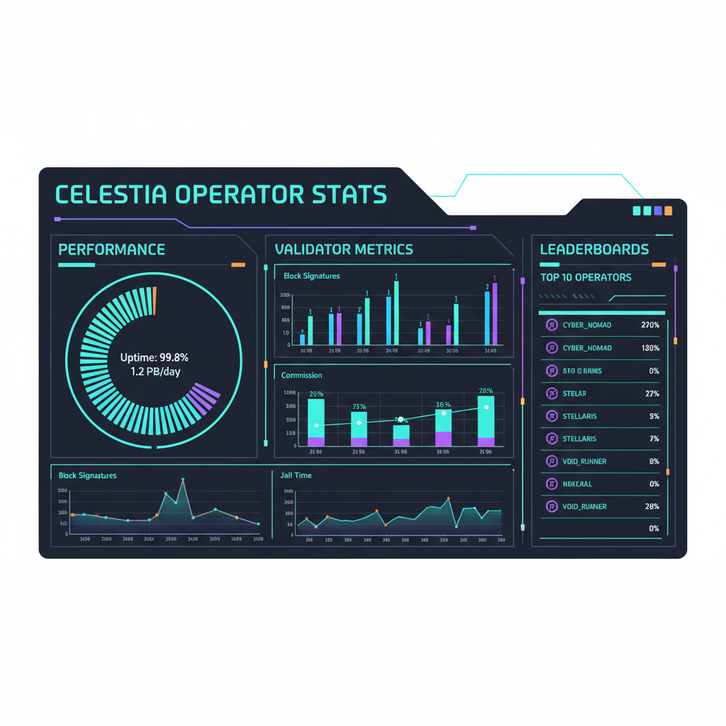 data visualization dashboard with Celestia operator stats, performance charts, and leaderboards in neon cyberpunk style