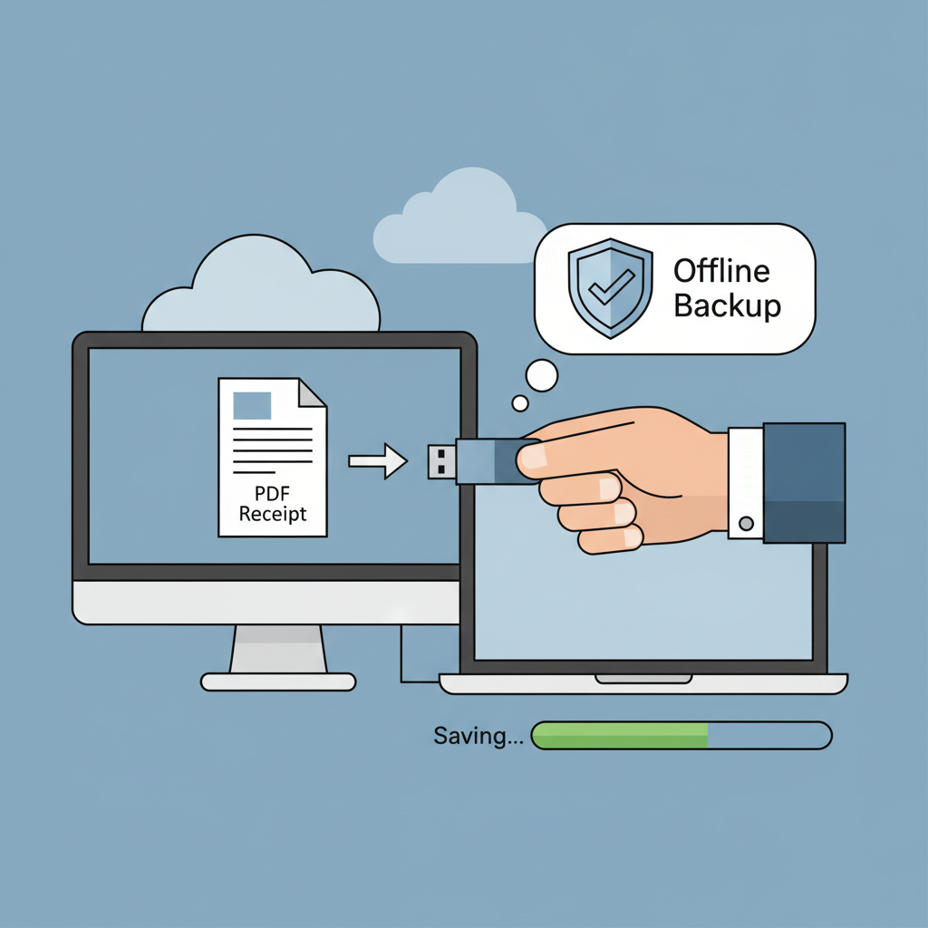 person saving PDF receipt to USB drive from computer, secure offline backup illustration