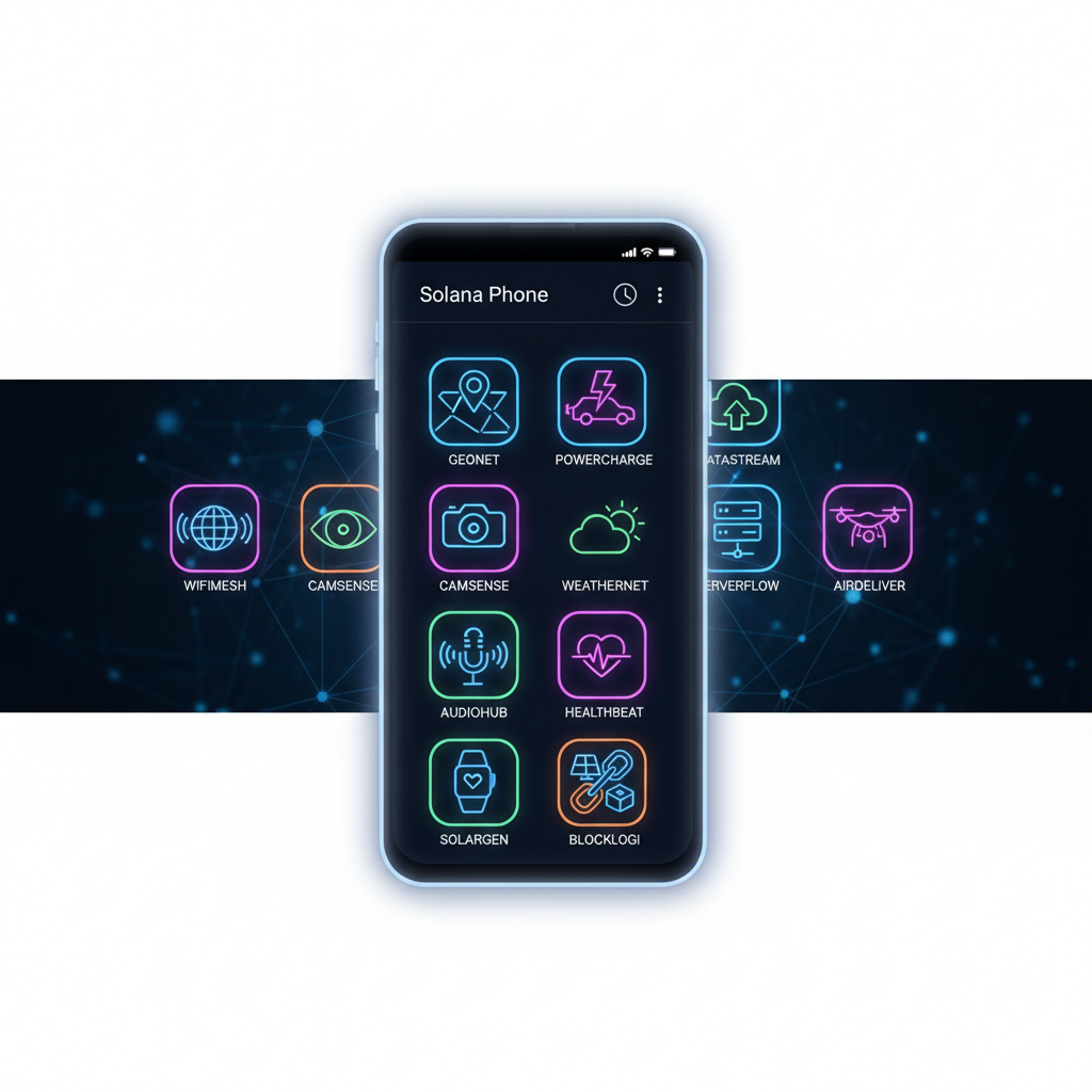 Grid of 12 DePIN app icons on Solana phone home screen, crypto neon glow --ar 16:9