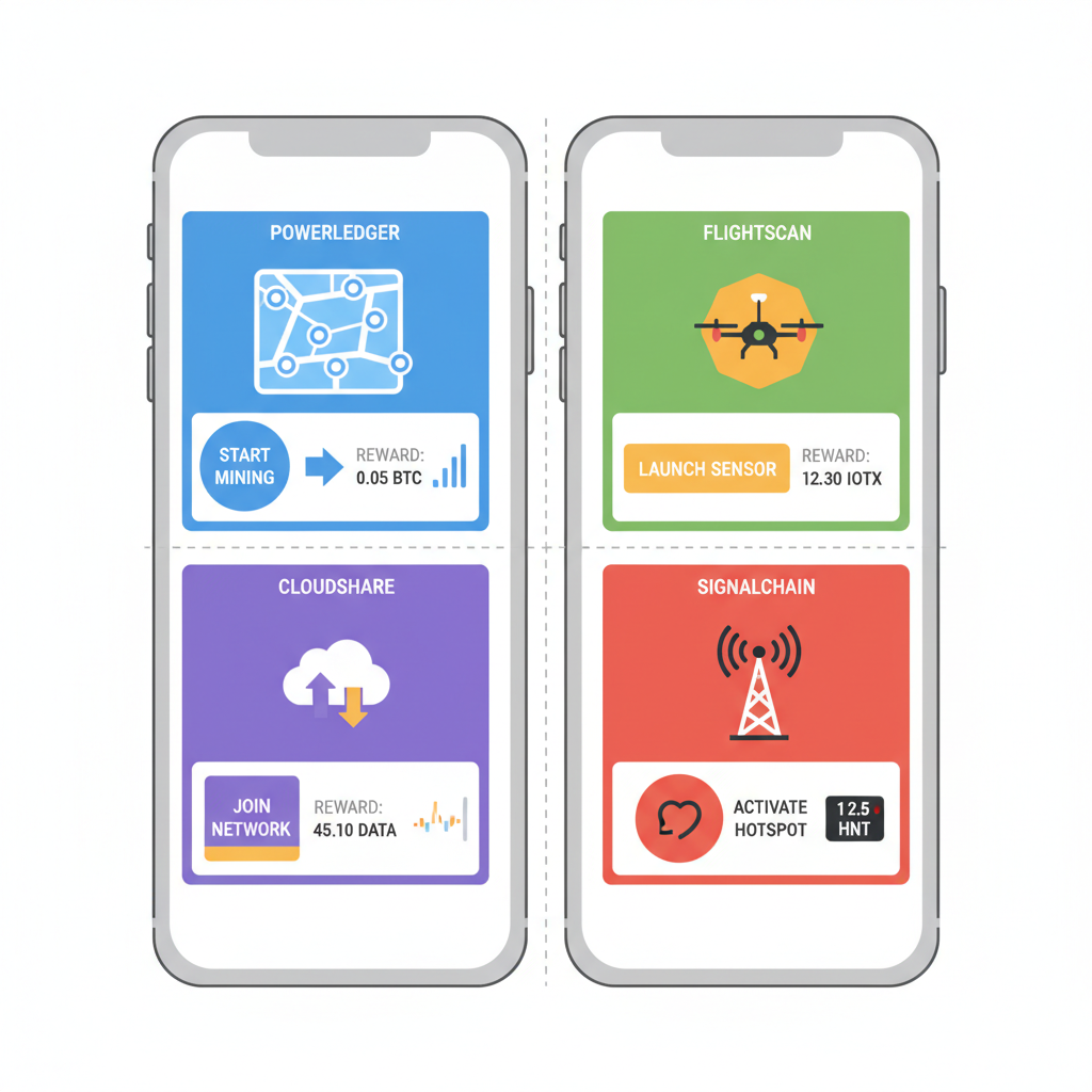 Split-screen phone running multiple DePIN apps, start buttons and reward tickers --ar 16:9